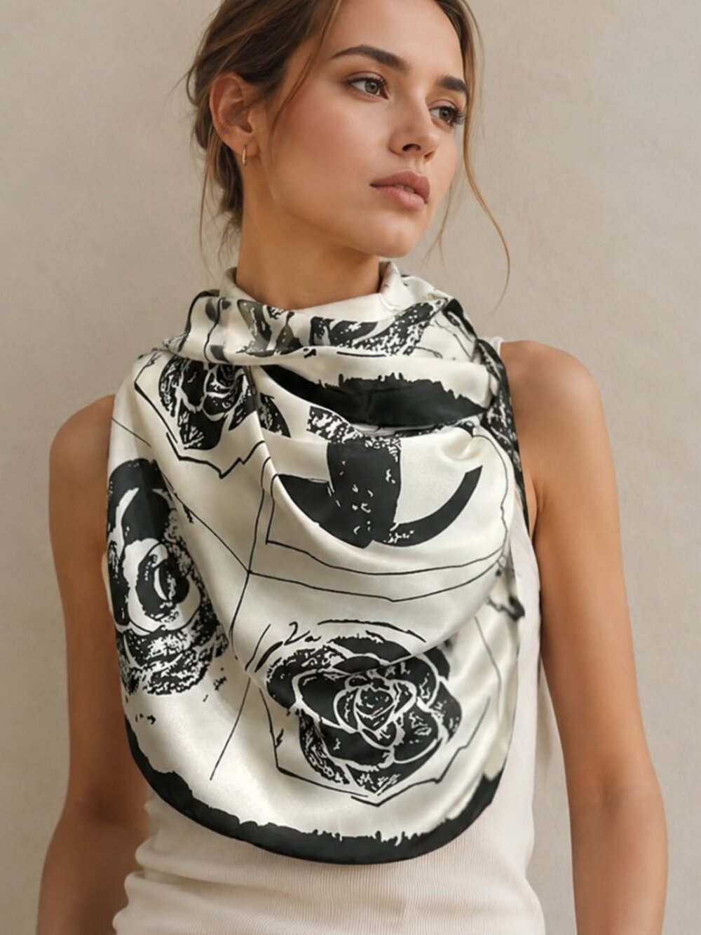 Black Ivory Floral Abstract Square Scarf 27x27 Lightweight Elegant Wrap